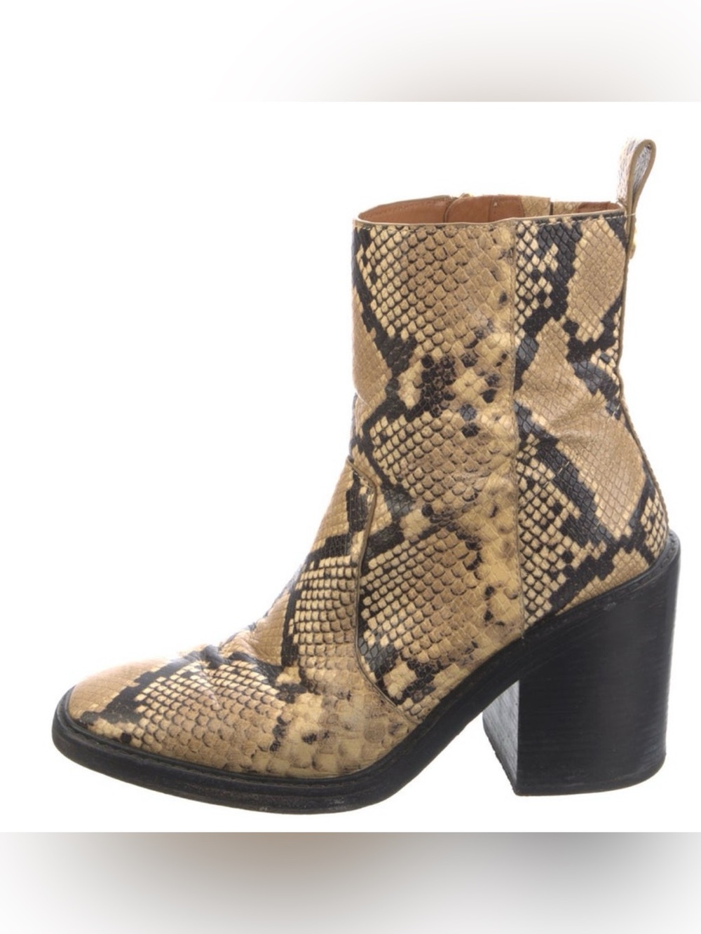 Tory Burch Tan and Black Snake-Print Ankle Bootie with Block Heel